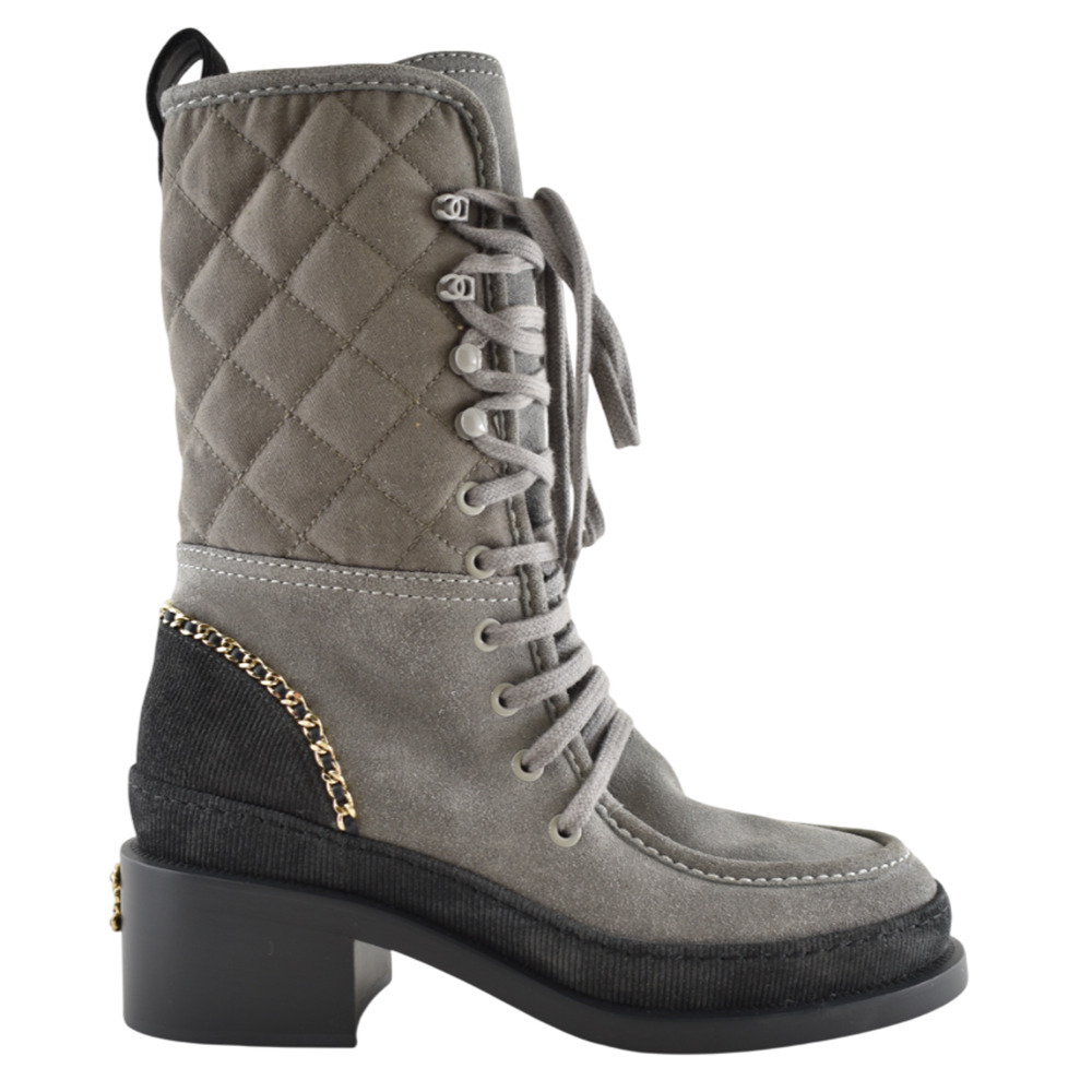 Chanel 24K Grey Quilted Suede Chain CC Combat Lace Up Tie Military Tall Boots 36